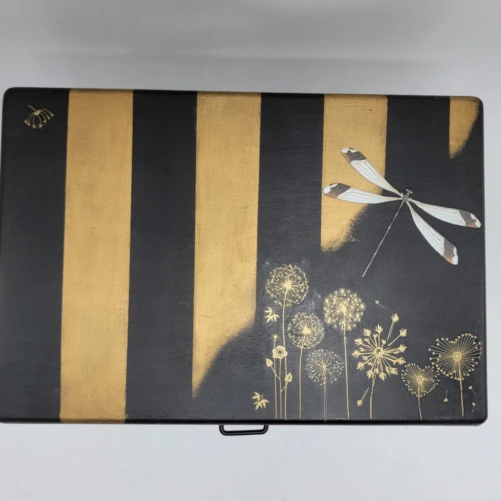 Vtg Wooden Jewelry Box Custom Hand Painted Black Gold Dragonfly Peacock